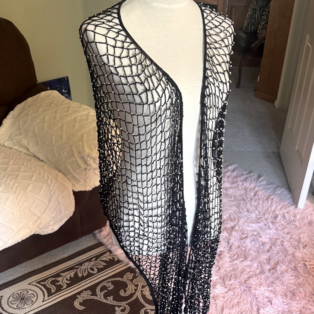 Black Handmade Beaded Mesh Shawl